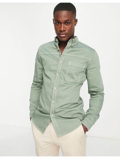ASOS DESIGN skinny denim shirt in sage green