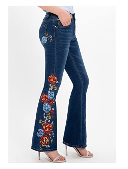 Zenthace Women's Floral Embroidered Flare Bell Bottom Jeans,Vintage-Inspired Retro Denim Pants