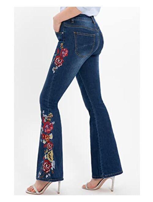 Zenthace Women's Floral Embroidered Flare Bell Bottom Jeans,Vintage-Inspired Retro Denim Pants