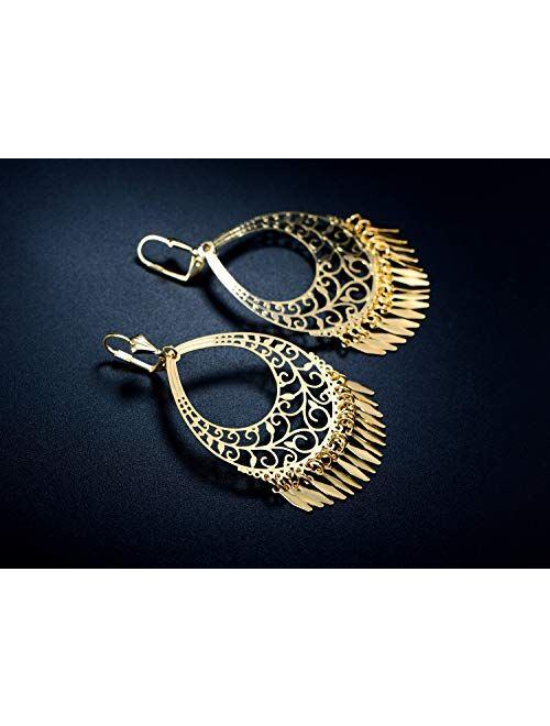 Barzel 18K Gold Plated Filigree Cut-out Dangling Chandelier Earrings - Made in Brazil