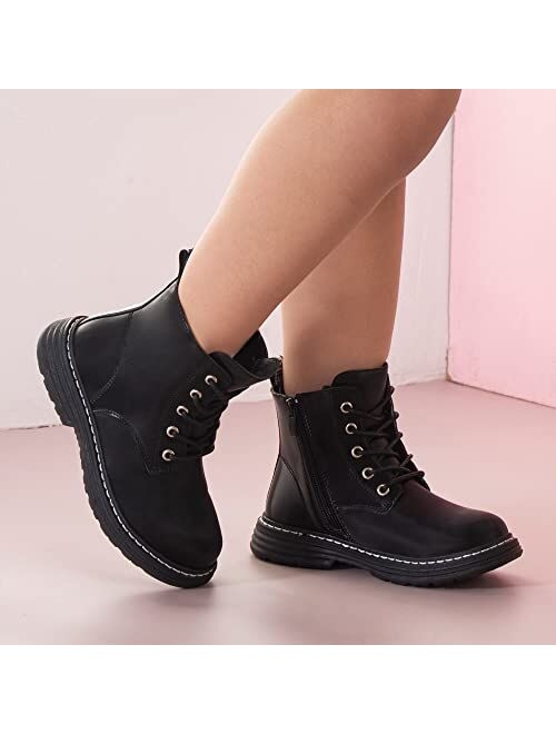 JABASIC Girls Boys Ankle Boots Lace-Up Waterproof Work Boots with Side Zipper