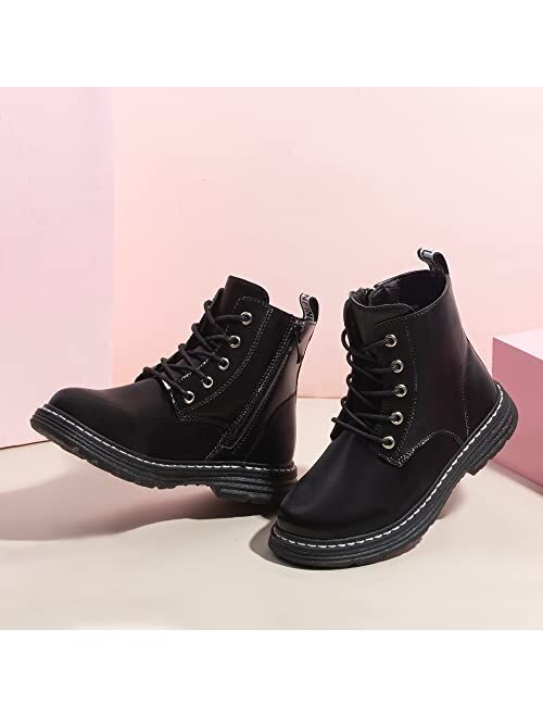 JABASIC Girls Boys Ankle Boots Lace-Up Waterproof Work Boots with Side Zipper