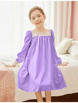 Girls Nightgowns Long Sleeve Sleepwear Cute Princess Nightshirt for Toddler Vintage Lace Pajama Dress 4-13 Years