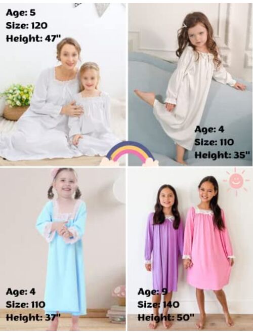 Ekouaer Girls Nightgowns Long Sleeve Sleepwear Cute Princess Nightshirt for Toddler Vintage Lace Pajama Dress 4-13 Years