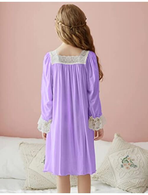 Ekouaer Girls Nightgowns Long Sleeve Sleepwear Cute Princess Nightshirt for Toddler Vintage Lace Pajama Dress 4-13 Years