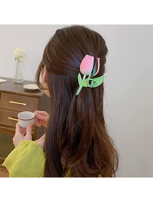 Bodymart 2Pcs Flower Hair Clip, Tulip Hair Clips for Vacation Photo, Non Slip Flower Claw Clip for Wedding Flower Bridesmaid Hair Accessory, Sweet Hawaiian Hair Flower Cl