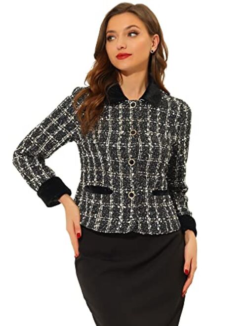 Allegra K Women's Winter Elegant Vintage Plaid Tweed Outwear Slim Fit Blazer Work Office Short Jacket Coat