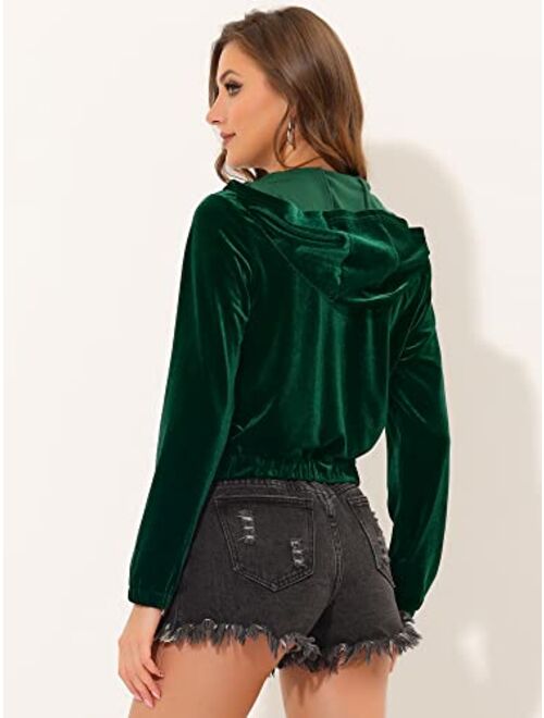 Allegra K Hooded Jacket for Women's Pockets Casual Velvet Zip Up Crop Sweatshirt