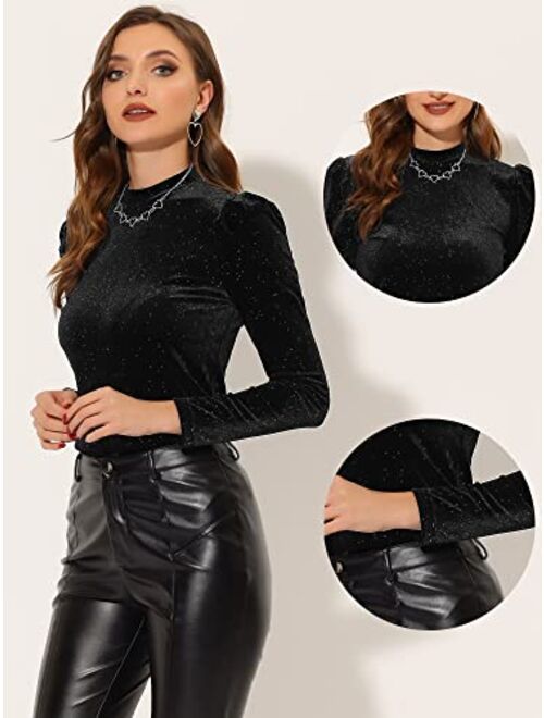 Allegra K Metallic Velvet Top for Women's Halloween Puff Long Sleeve Mock Neck Vintage Glitter T-Shirt