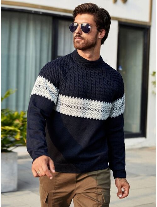 Shein Men Colorblock Raglan Sleeve Cable Knit Sweater