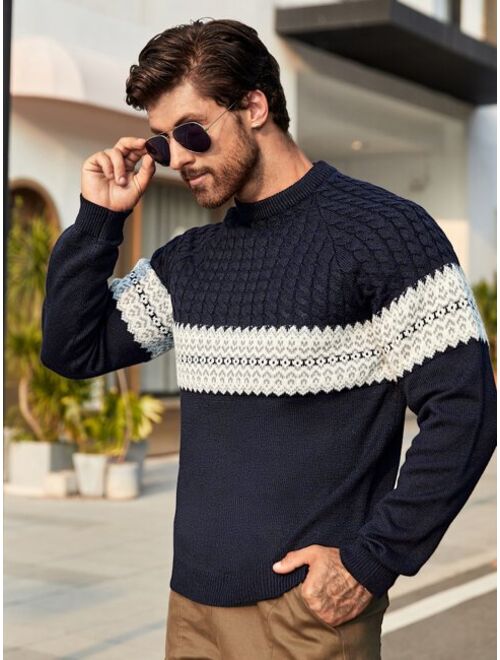 Shein Men Colorblock Raglan Sleeve Cable Knit Sweater