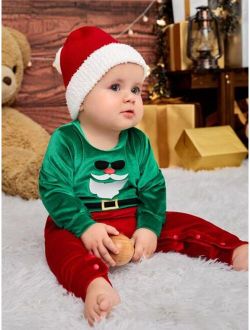 Baby Christmas Print Sweatshirt Jumpsuit With Hat