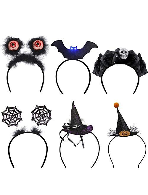 Brwoynn 6 Pack Halloween Headbands, Witch Hat Headbands, Eyeball Boppers LED Flashing Eyes Headbands, Spider Web Headbands, Rose Floral Crown Skull Headbands, Halloween C