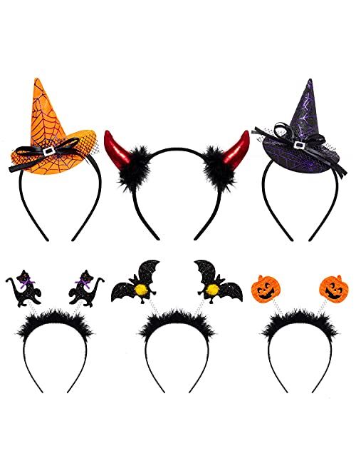 YoleShy Halloween Headbands 6 Pack Witch Hat Headband for Women, Bat Headband, Devil Horns Headband, Pumpkin Headband, Black Cat Headband, Cosplay Party Costume Headband 