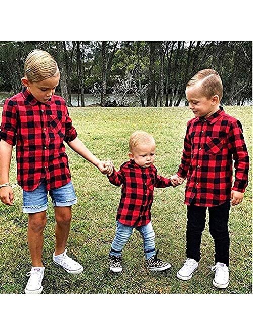 Mamami Kids Little Boys Girls Baby Long Sleeve Button Down Red Plaid Flannel Shirt Plaid Girl Boy NB-6T