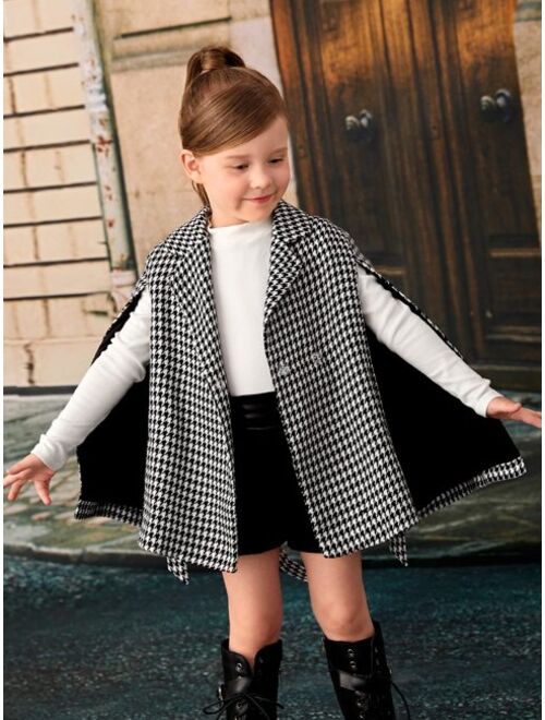 SHEIN Toddler Girls Houndstooth Print Belted Cape Coat