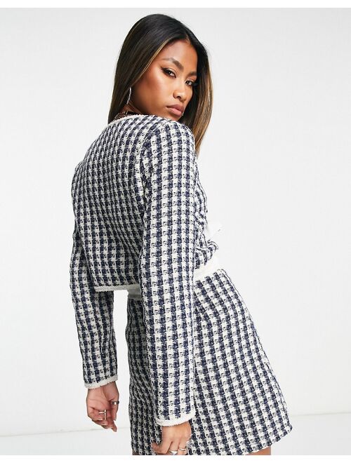 Sister Jane curved hem tweed jacket in navy and white check with bow - part of a set