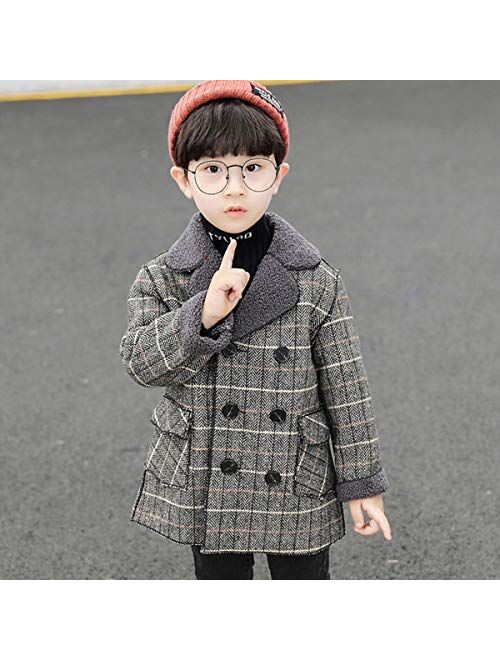 amropi Boy's Pea Coat Faux Wool Double Breasted Trench Jacket Warm Plaid Peacoat for 2-10 Years