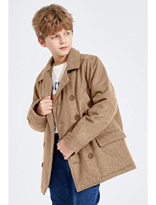SOLOCOTE Boys Coat Elegant Notched Collar Double Breasted Wool Blend Over Pea Coat