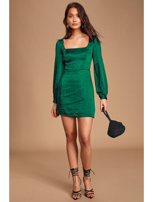 Lulus Got The Love Emerald Green Satin Square-Neck Mini Dress