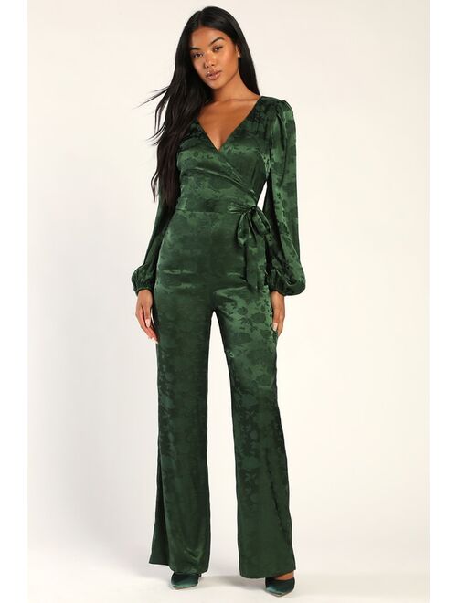 Lulus Classy Charisma Emerald Green Jacquard Long Sleeve Jumpsuit