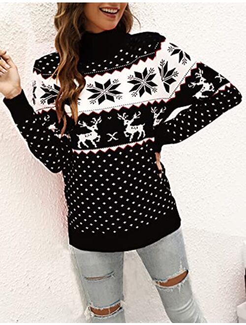 LYHNMW Women's Ugly Christmas Sweaters Snowflake Reindeer Long Sleeve Holiday Knit Xmas Sweater Pullover Tops