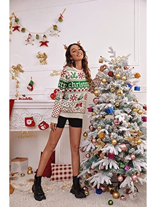 Amegoya Women's 2022 Christmas Knitted Holiday Long Sleeve Pullover Sweaters Cute Crewneck Reindeer Sweatshirts Tops
