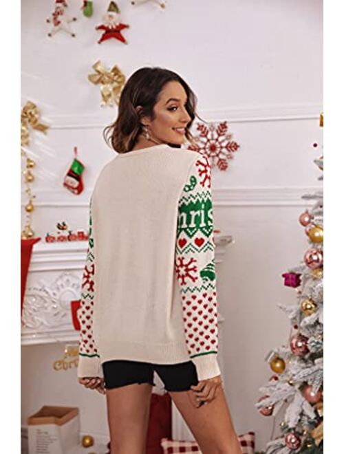 Amegoya Women's 2022 Christmas Knitted Holiday Long Sleeve Pullover Sweaters Cute Crewneck Reindeer Sweatshirts Tops