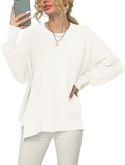 Women Crewneck Batwing Sleeve Oversized Side Slit Ribbed Knit Pullover Sweater Top