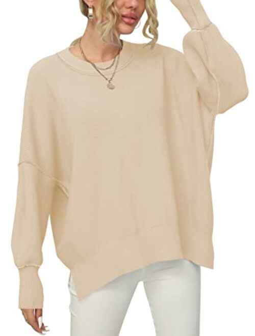 ANRABESS Women Crewneck Batwing Sleeve Oversized Side Slit Ribbed Knit Pullover Sweater Top