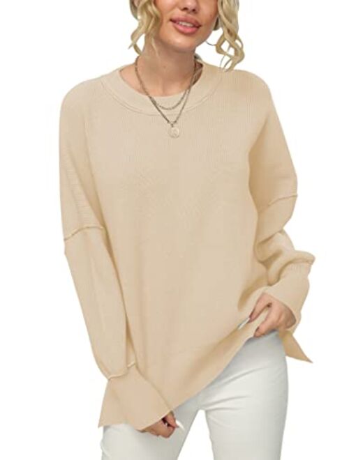 ANRABESS Women Crewneck Batwing Sleeve Oversized Side Slit Ribbed Knit Pullover Sweater Top