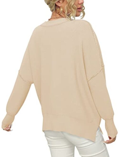 ANRABESS Women Crewneck Batwing Sleeve Oversized Side Slit Ribbed Knit Pullover Sweater Top