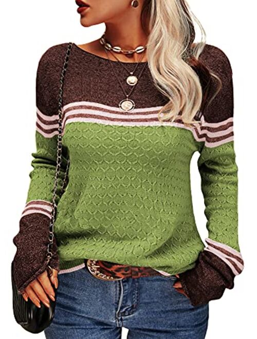 Danedvi Women Autumn Winter Colorblock Pullover Sweaters Round Neck Striped Slim Fitting Knitwear Tops