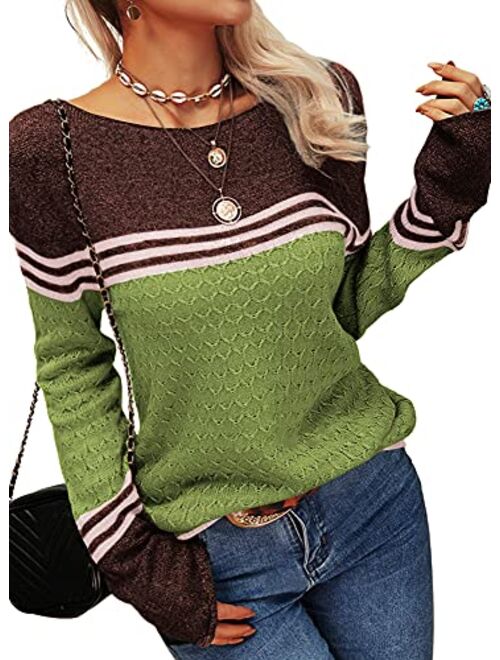 Danedvi Women Autumn Winter Colorblock Pullover Sweaters Round Neck Striped Slim Fitting Knitwear Tops