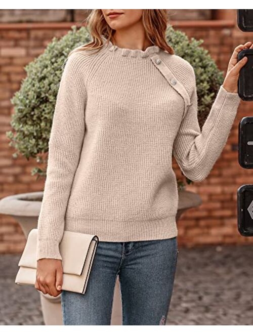 BTFBM Women's Sweaters Casual Long Sleeve Button Down Crew Neck Ruffle Knit Pullover Sweater Tops Solid Color Striped