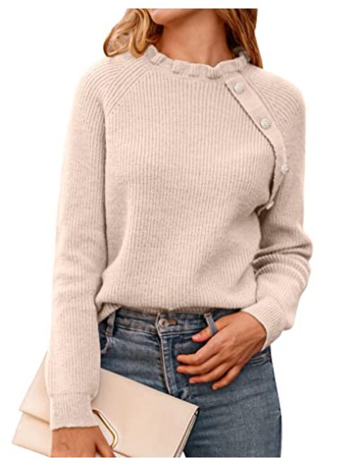 BTFBM Women's Sweaters Casual Long Sleeve Button Down Crew Neck Ruffle Knit Pullover Sweater Tops Solid Color Striped