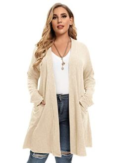 LARACE Open Front Knit Cardigan Sweaters for Women Plus Size Long Sleeve Tops with Pockets Lightweight for Winter