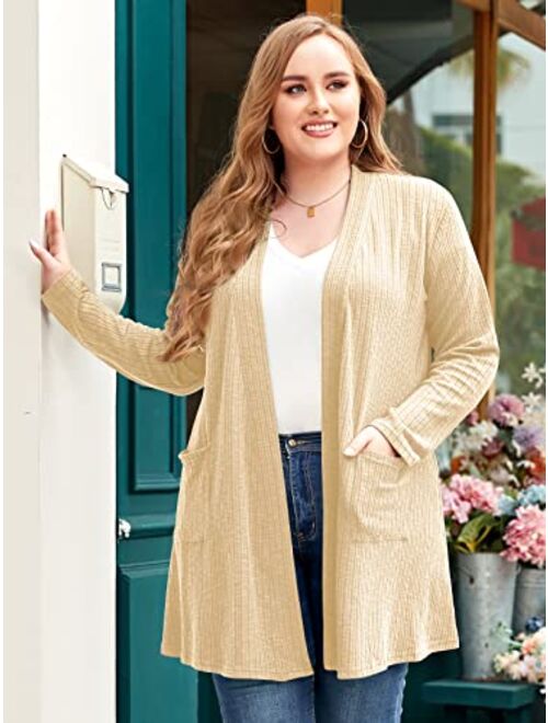 LARACE Open Front Knit Cardigan Sweaters for Women Plus Size Long Sleeve Tops with Pockets Lightweight for Winter