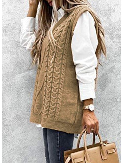 HOTAPEI Sweater Vest Women Oversized V Neck Sleeveless Sweaters Womens Cable Knit Tops