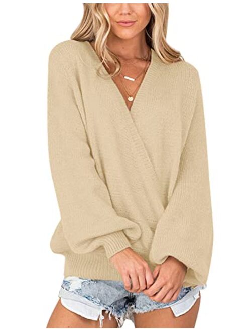 LookbookStore Women's Knit Long Sleeve Faux Wrap Surplice V Neck Sweater Top