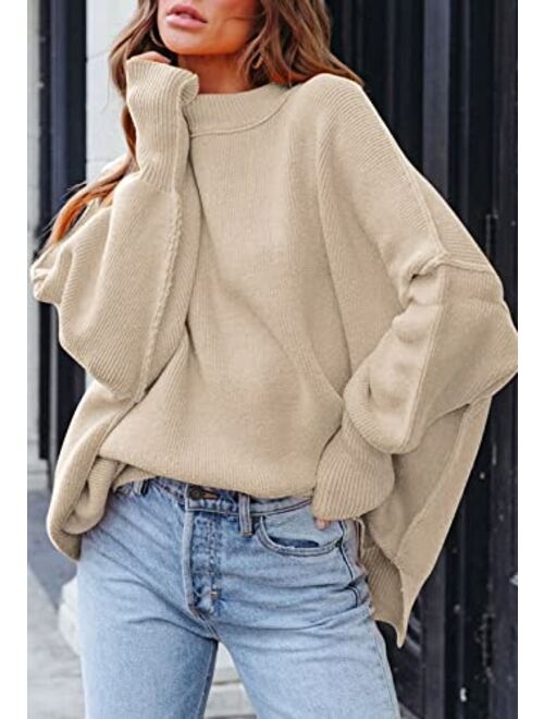 HAPCOPE Women's Oversized Sweater Crewneck Batwing Sleeve Side Slit Ribbed Knit Pullover Sweaters Tunic Tops