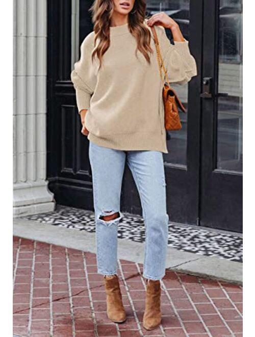 HAPCOPE Women's Oversized Sweater Crewneck Batwing Sleeve Side Slit Ribbed Knit Pullover Sweaters Tunic Tops