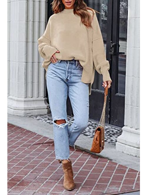 HAPCOPE Women's Oversized Sweater Crewneck Batwing Sleeve Side Slit Ribbed Knit Pullover Sweaters Tunic Tops