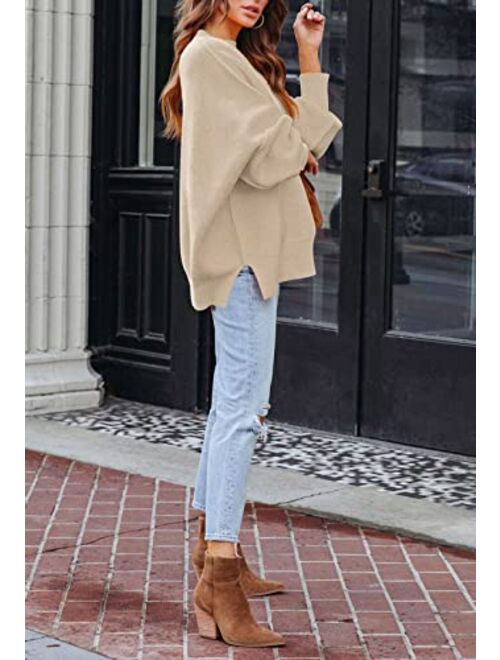 HAPCOPE Women's Oversized Sweater Crewneck Batwing Sleeve Side Slit Ribbed Knit Pullover Sweaters Tunic Tops