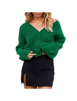 Kmbangi Women Button Down Sweater V Neck Cable Knit Crop Cardigan Cute Oversized Jumper Pullover Top Aesthetic Clothes
