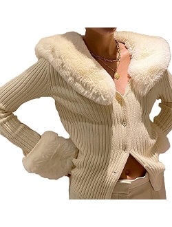 Kmbangi Women Button Down Sweater V Neck Cable Knit Crop Cardigan Cute Oversized Jumper Pullover Top Aesthetic Clothes