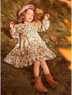 Toddler Girls Floral Print Flounce Sleeve Ruffle Hem Dress