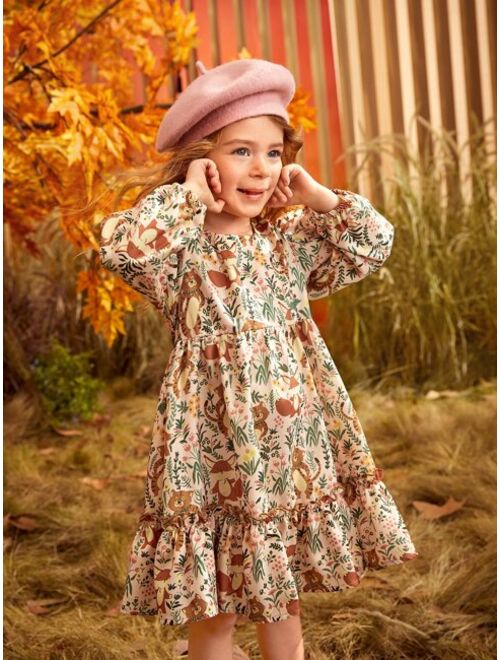 SHEIN Toddler Girls Floral Print Flounce Sleeve Ruffle Hem Dress