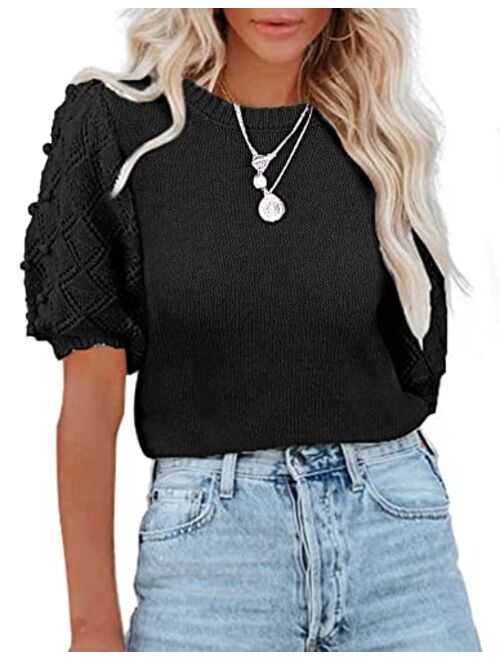 BTFBM Women's Crew Neck Pullover Sweaters Cute Dot Puff Short Sleeve Soft Casual Fall Winter Loose Knit Sweater Blouse