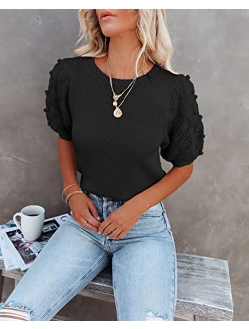 BTFBM Women's Crew Neck Pullover Sweaters Cute Dot Puff Short Sleeve Soft Casual Fall Winter Loose Knit Sweater Blouse